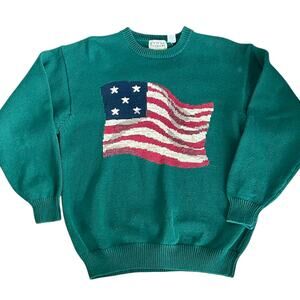 VTG Cotton Traders Green Sweater American Flag Graphic Mens Size L Americana